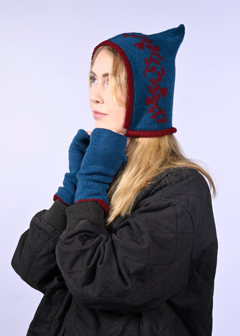 Handmade Cashmere Knitted Bundle - Fingerless Gloves and Bonnet in Matching Blue and Red