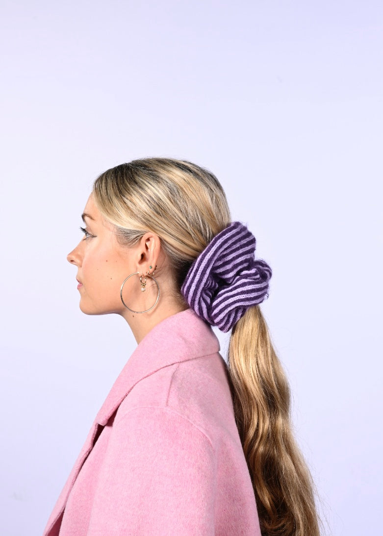 Mohair and Cashmere Knitted Scrunchie - Striped Hair Tie in Purple and Lilac