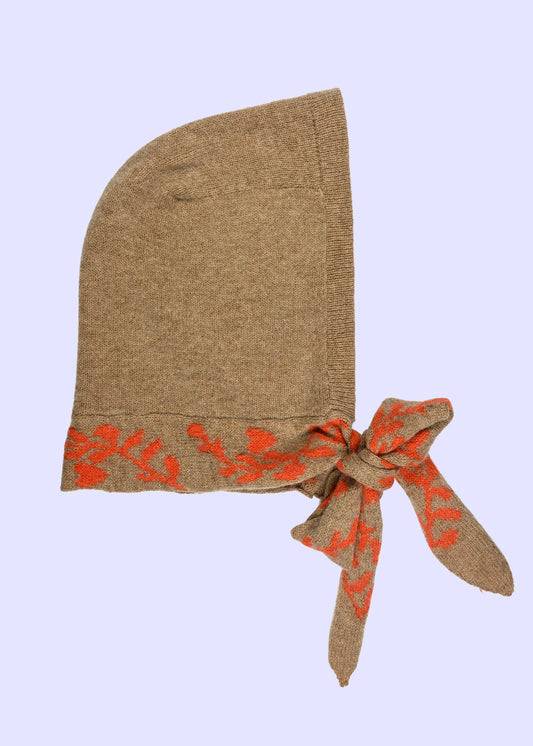 Lambswool Knitted Hood Bonnet - “Laurel Leaf” Hood in Orange and Tan