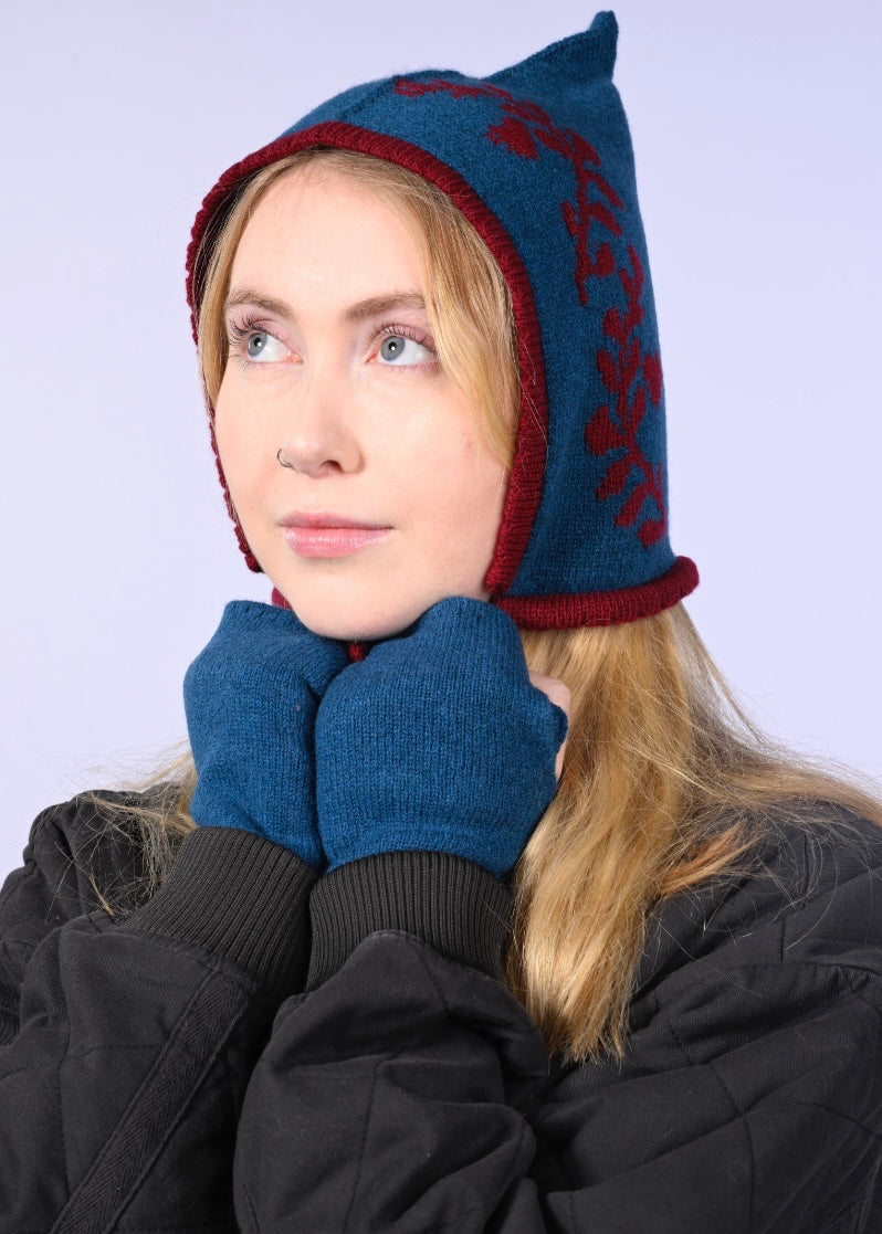 Handmade Cashmere Knitted Bundle - Fingerless Gloves and Bonnet in Matching Blue and Red