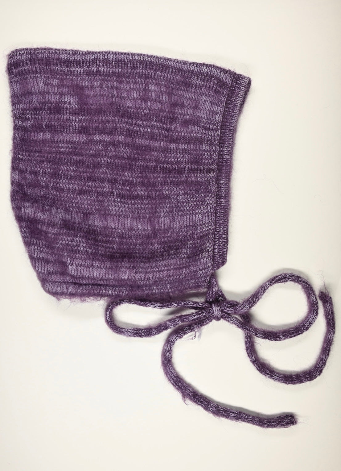 Soft Brushed Mohair Knitted Bonnet - Pixie Hood in Purple and Cream