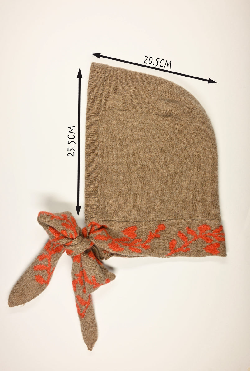 Lambswool Knitted Hood Bonnet - Laurel Leaf Hood in Orange and Tan