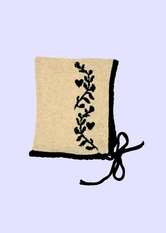 Cashmere Knitted Bonnet - Laurel leaf Pixie Hood in Black and Beige