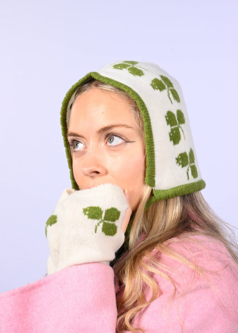 Handmade Lambswool Cashmere Bonnet & Wrist-Warmer Glove Set - Irish Shamrock