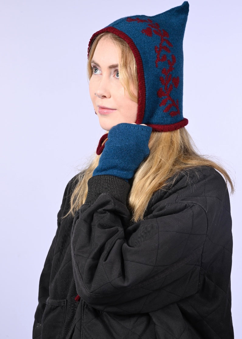 Handmade Cashmere Knitted Bundle - Fingerless Gloves and Bonnet in Matching Blue and Red