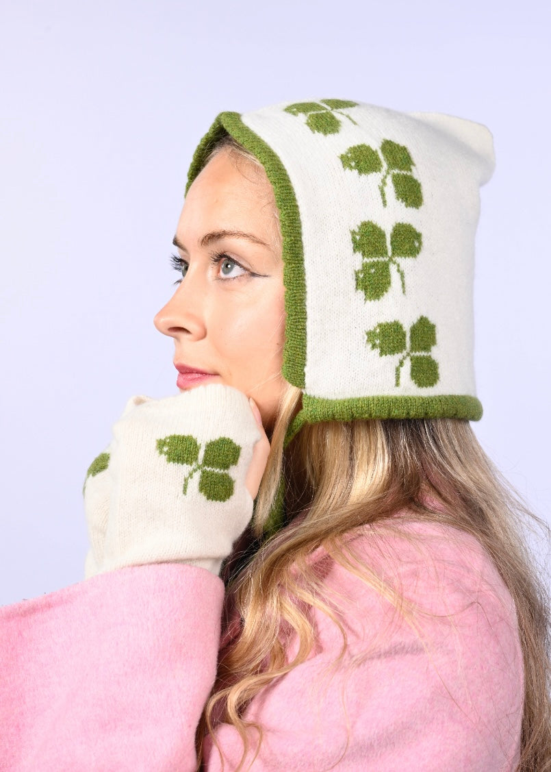 Handmade Lambswool Cashmere Bonnet & Wrist-Warmer Glove Set - Irish Shamrock