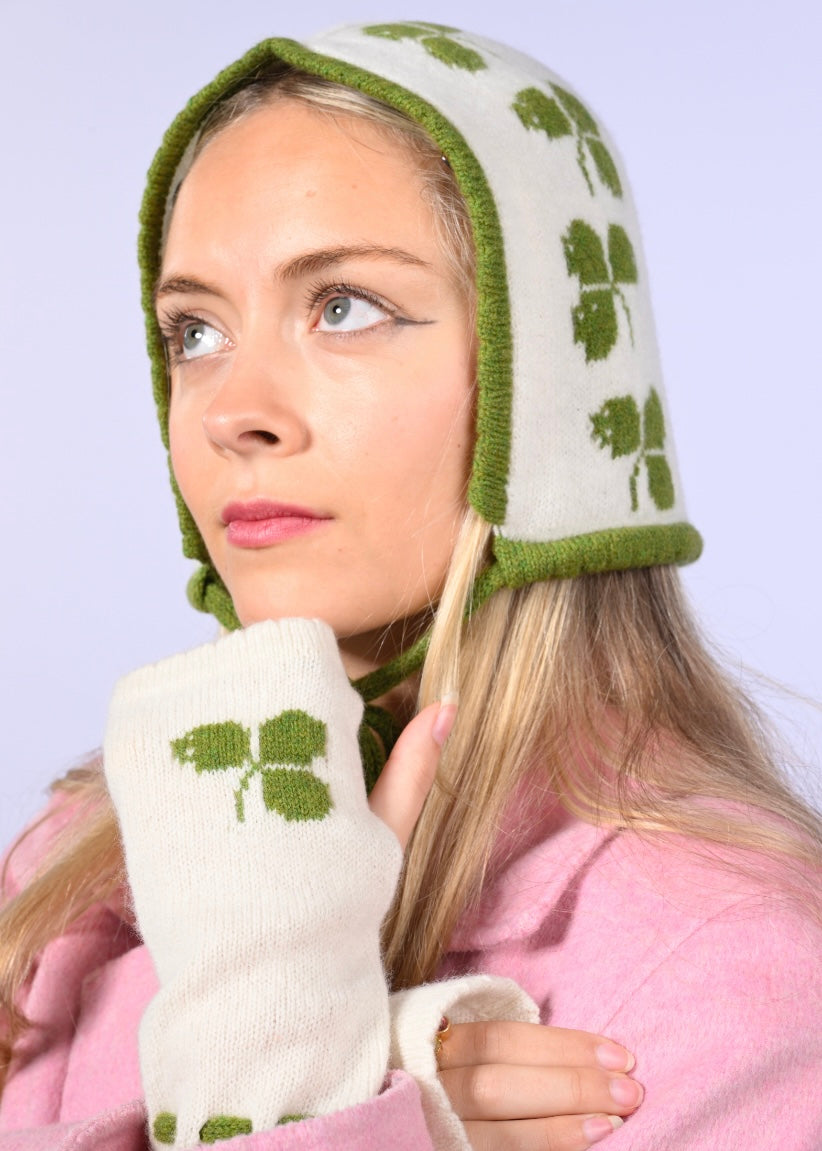 Handmade Lambswool Cashmere Bonnet & Wrist-Warmer Glove Set - Irish Shamrock