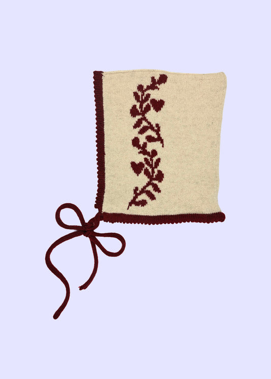 Cashmere Knitted Bonnet - Laurel leaf Pixie Hood in Burgundy and Cream