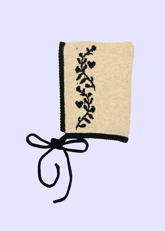 Cashmere Knitted Bonnet - Laurel leaf Pixie Hood in Navy and Oatmeal