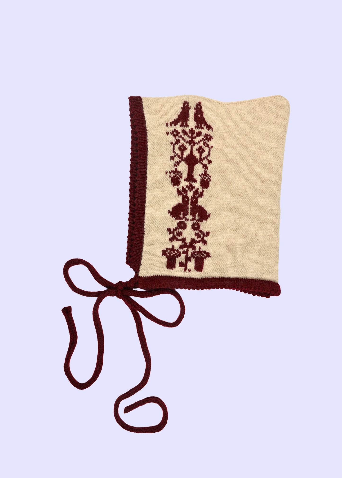 Cashmere Knitted Bonnet - “Queen of Pentacles” Pixie Hood in Burgundy and Cream