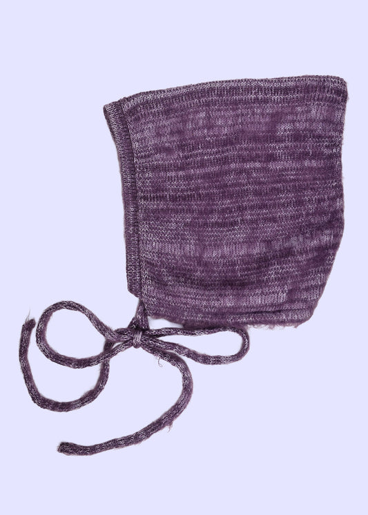 Soft Brushed Mohair Knitted Bonnet - Pixie Hood in Purple and Cream