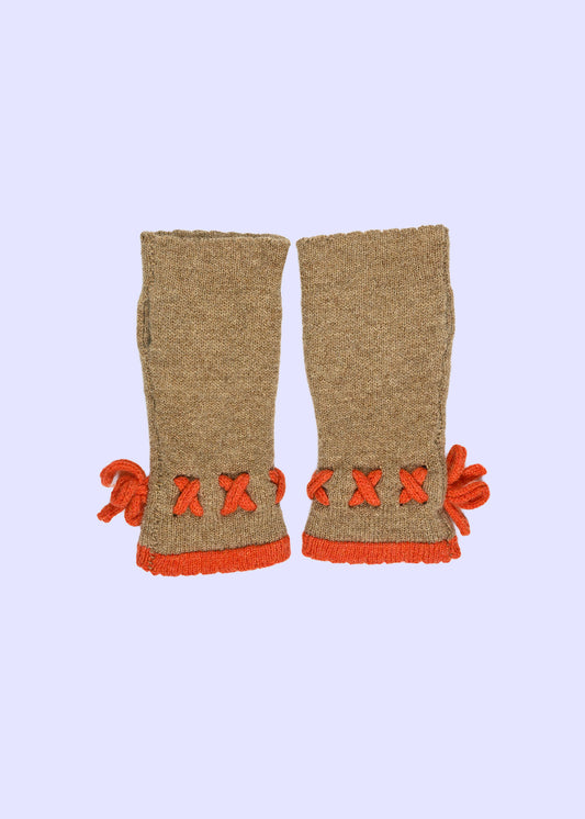 Cashmere Knitted Wrist Warmers - Fingerless Gloves in Orange and Tan